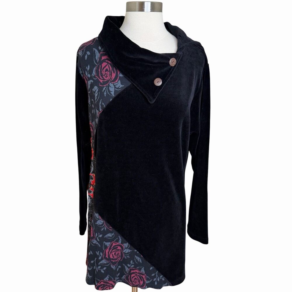 Leopards & Roses Tunic Top 1X Black Velour Floral Cowl Neck Art To Wear Velvet